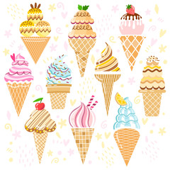Vector ice cream set. Cone collection