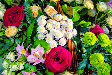 Bouquet of roses, lilies, chrysanthemums