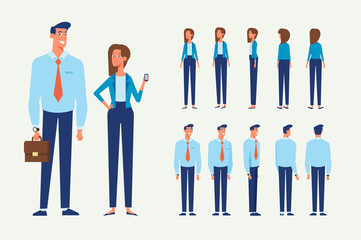 Vector character set for animation.  Business people - man and woman. Front, side, back view animated characters. 
