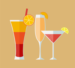 Set of alcoholic cocktails. Tequila sunrise, bellini, cosmopolitan. Flat design. Vector illustration.