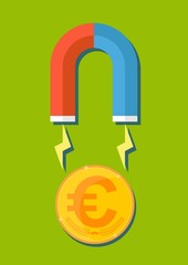 Magnet draws to itself gold coins on a green background. Stock flat vector illustration.