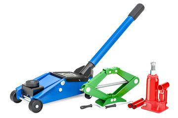Hydraulic floor jack, hydraulic bottle jack and scissor jack. 3D rendering
