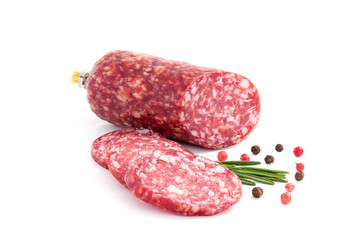 Salami smoked sausage, rosemary branch and pepper, isolated on a white background cutout