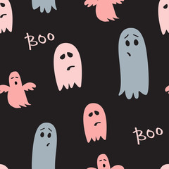 Halloween dark seamless pattern. Cute ghosts background.
