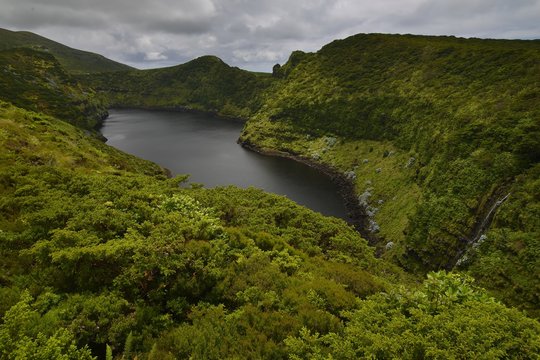 View of the volcanic lake Caldeira Comprida, Flores island, Azores, Portugal