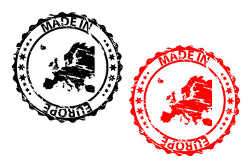 Made in Europe - rubber stamp - vector - Europe continent map pattern - black and red