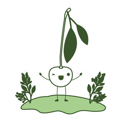 cherries in the field fresh fruit kawaii character vector illustration design