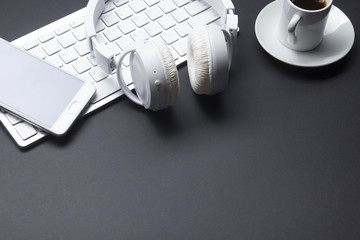 Office desk table with supplies. Flat lay Business workplace and objects. Top view. Copy space for text