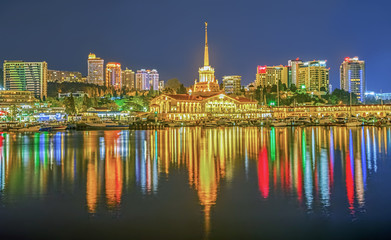 Naklejka premium SOCHI, RUSSIA - APRIL 16, 2016: Night reflection of the city.