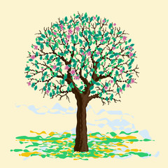 Blooming tree in the spring. Vector illustration of a spring landscape and a blossoming tree.
