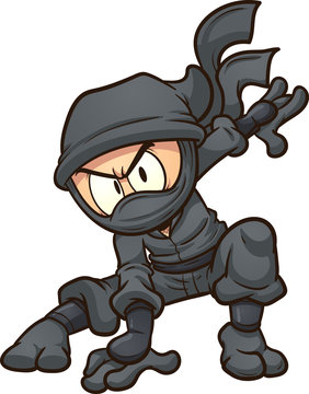 Cartoon ninja doing a three point landing. Vector clip art illustration with simple gradients. All in a single layer. 
