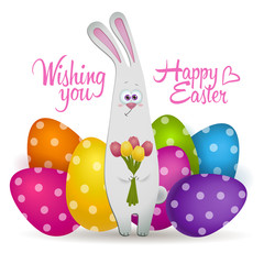 Cute easter bunny with color eggs. Gift card. Vector illustration - 193472389