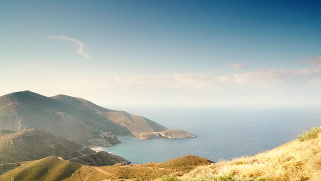 Southern Greece Mani Peninsula. Sea landscape rocky coastline at sunny day, Peloponnese 4K. Time lapse