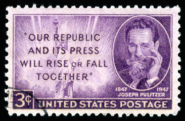 Vintage 1947 United States of America cancelled postage stamp  our republic and its press will rise or fall together with a portrait of  Joseph Pulitzer