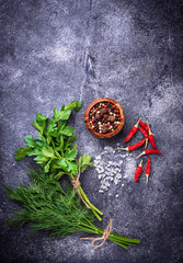 Herbs and spices. Dill, parsley, salt and pepper