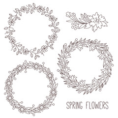 Floral flower decorative doodle elements round borders composition vector set