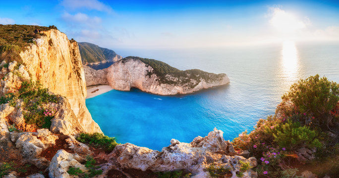 
Greece. Epic sunset scenery of Zate island, full name is Zakynthos - popular summer resort and European travel destination in Greece. Picturesque Navagio beach panorama with shipwreck landmark. 