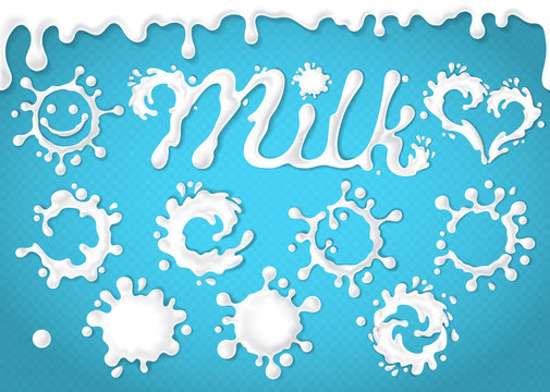 Vector set of milk seamless pattern, splashes, dripping, blots, spots. Abstract collection of stains of dairy product isolated on blue background. Milky liquid elements splashing shapes. White drops.