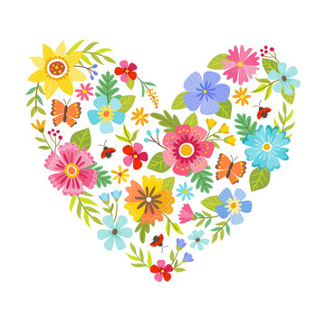 Colorful heart shape made from flowers. Seasonal background. Can be used for greeting and wedding cards, gifts, postcards, invitations. Vector illustration.