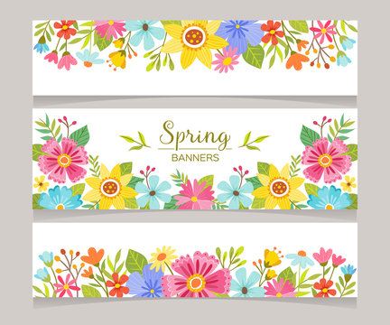 Spring horizontal banner templates with colorful flowers background. Perfect for flyers, invitations, brochures, web banners and blogs decoration. Vector illustration.