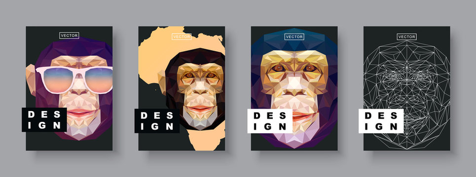 Monkey Abstract Covers Set. Card Monkey Template. Futur Poster Template. Polygonal Halftone. Monkey Face Silhouette.