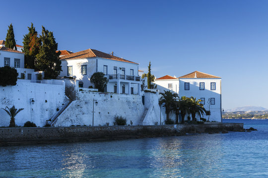 View of traditional architecture in Spetses village, Greece. 
