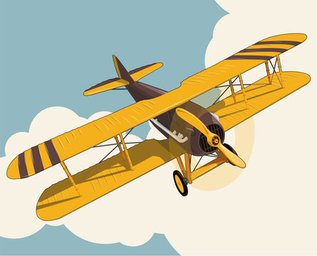 Yellow plane flying over sky with clouds in vintage color stylization. Old  retro biplane designed for poster printing. Vector low poly airplane  illustration. Banner layout. Model aircraft, two wings. Stock Vector |