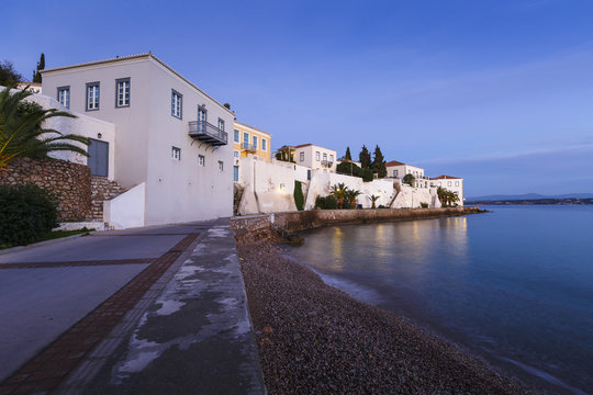Fototapeta Morning view of traditional architecture in Spetses seafront, Greece.   