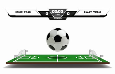 Football or soccer playing field with infographic elements and 3d ball. Sport Game. Football stadium scoreboard on white background vector illustration