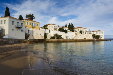 Traditional architecture in Spetses seafront, Greece. 
