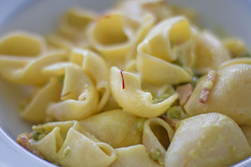 Pasta conchiglioni with green peas, cream and saffron.
