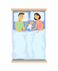 Young parents and baby sleeping - cartoon people character isolated illustration