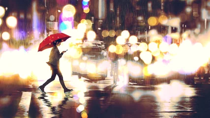 Foto op Plexiglas jonge vrouw luistert naar muziek op haar telefoon en houdt een rode paraplu vast die een stadsstraat oversteekt in de regenachtige nacht, digitale kunststijl, illustratie, schilderkunst © grandfailure