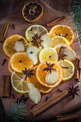 Ingredients medicinal tea Citrus spices Slices lemon orange ginger cloves cinnamon