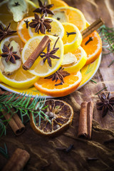 Ingredients medicinal tea Citrus spices Slices lemon orange ginger cloves cinnamon