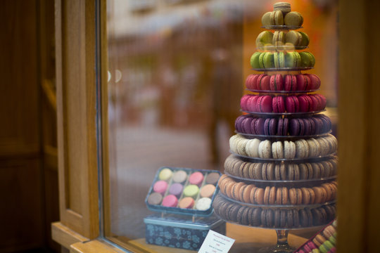  Macarons In The Shop Window Of A Small Shop Of A Bakery