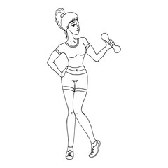 The girl is engaged in fitness. Woman with dumbbells exercising. Cartoon coloring illustration