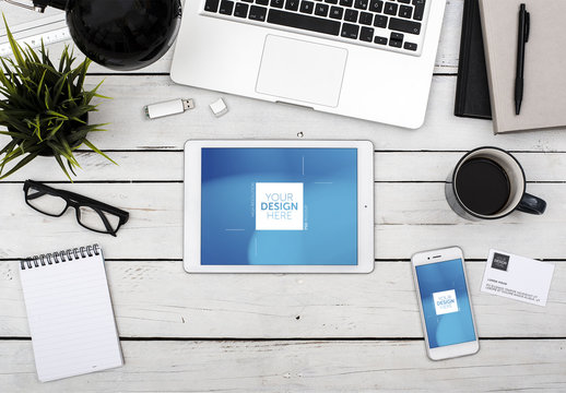 Tablet, Smartphone and Business Cards with and Desk Accessories Mockup 1