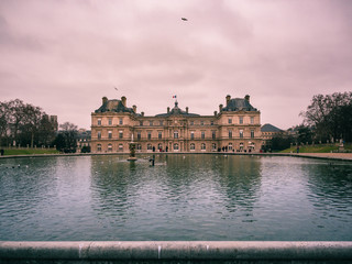 View of the Luxembourg palace, inside the public garden of Luxembourgh, one of the largest in Paris.