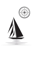 Compass and Sailboat, sketch - isolated on white background - art vector.