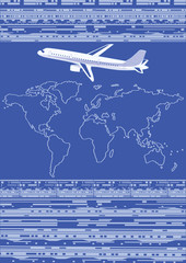 Naklejka premium Airplane, world map, abstract dark background with the symbol of information technology - art vector.