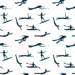 Sports Water pattern - silhouettes of swimmers, divers, skateboarder - on white background - vector art illustration.