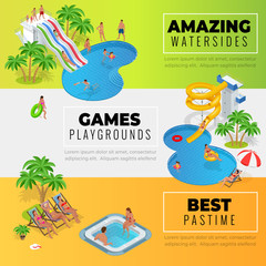 Aquapark horizontal web banners with different water slides, family water park, hills tubes and pools isometric vector illustration. design for web, site, advertising, banner, poster, board and print
