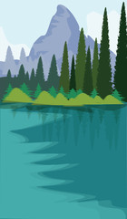 Nature - Mountains and Fir forest, river - flat style - vector art illustration. Travel Poster
