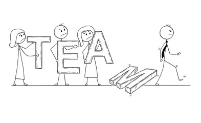 Cartoon stick man drawing conceptual illustration of business people, businessmen and businesswomen holding letters of word team, but one businessman is leaving and team is breaking down. Business