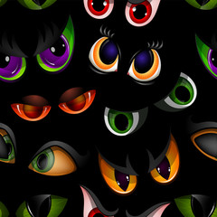Cartoon vector eyes beast devil monster animals eyeballs of angry or scary expressions evil eyebrow and eyelashes on face scared snake or dracula vampire animal eyesight seamless pattern background
