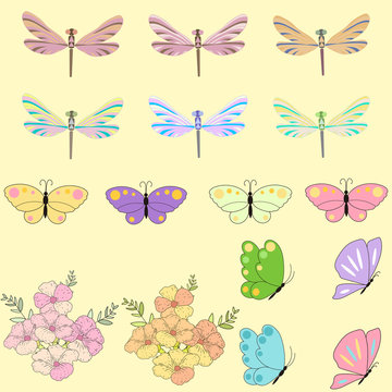 Spring set for design of multicolored butterflies, dragonflies and flowers.Can be used for wedding, baby shower, mothers day, valentines day, birthday cards, invitations, greetings and romantic labels