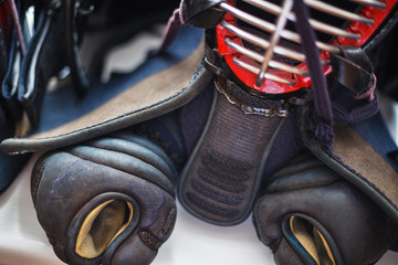 Close up of a set of kendo equipment
