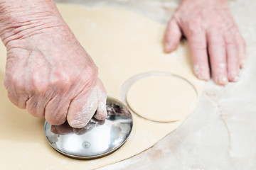 Obraz na płótnie Canvas Female old hands squeeze circles for modeling dumplings