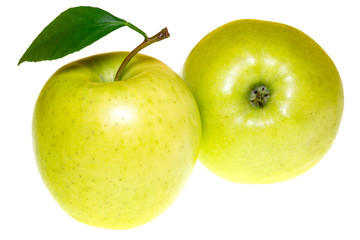 Two green apples with leaf isolated on white